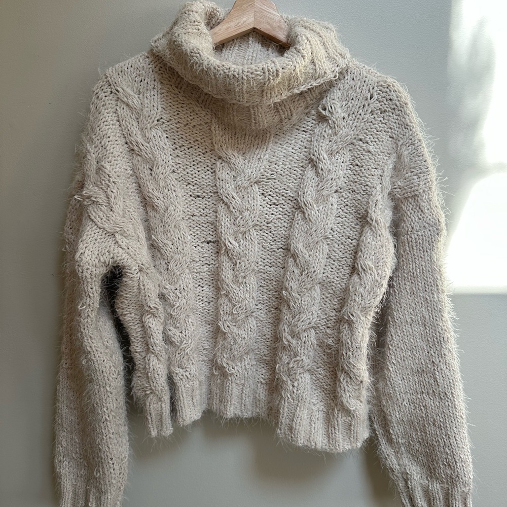 POL Soft Beige Cable Knit Turtleneck Sweater